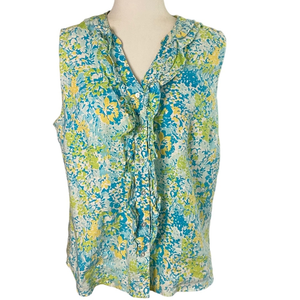 Kim Rogers Petite 100% Linen Sleeveless Notched V-Neck Ruffle Top Size PL